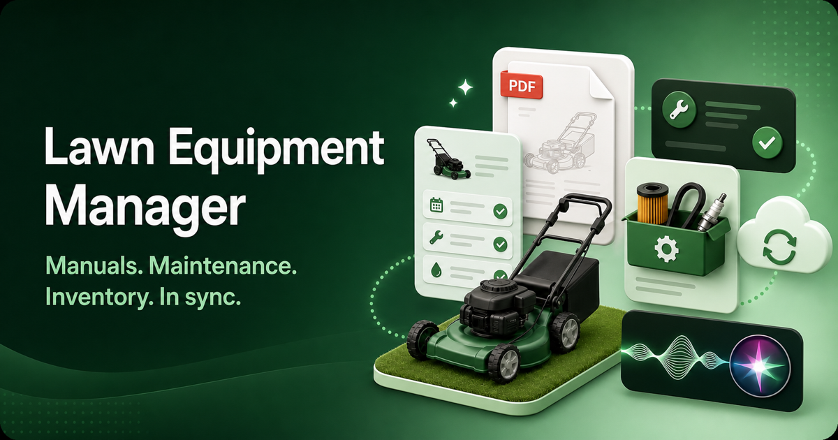 Conceptual Lawn Equipment Manager illustration featuring a mower, manuals, maintenance, parts inventory, cloud sync, and Siri
